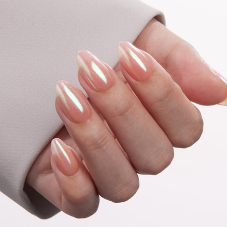 VSALON Press On Nails Short Almond, Nude Pink Pearl Chrome Shimmer Fake Nails With UV Glue, Reusable Stick On Nails Acrylic Neutral Glazed Donut Fall Gift Glue On Nails in 16 Sizes - 32 Nails Kit
