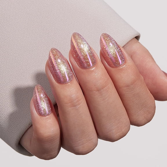 VSALON Press on Nails Short Almond - Pink Cat Eye Pastel Glitter Holographic Halloween Fake Nails Kit for Women, Reusable Opaque Gel Chrome Glue on Nails with Glue & Cuticle Oil - 32 PCS in 16 Sizes