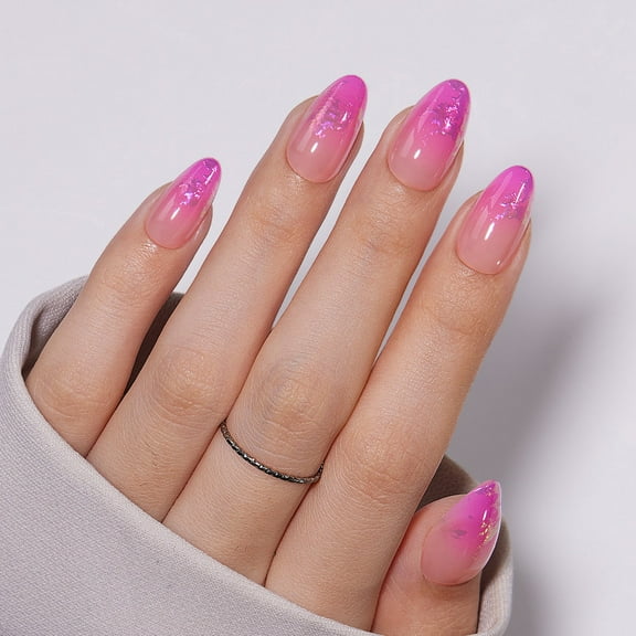 VSALON Press On Nails Short Almond, Pink Press On Hot Pink Ombre Fake Nails With UV Cure Glue, Reusable Stick On Nails Bright Neon Pink, Glue On Nails Summer Gift in 16 Sizes - 32 Pcs Kit