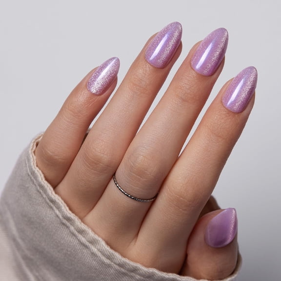 VSALON Press on Nails Short Almond - Purple Cat Eye Glitter Nails Kit for Women, Reusable Opaque Soft Gel Fake Nails with Glue & Cuticle Oil - 32 PCS Stick On Nails in 16 Sizes (Iris)