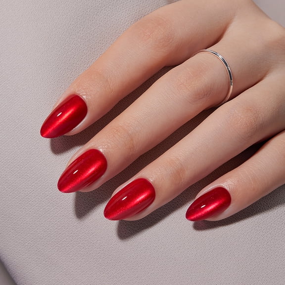 VSALON Press on Nails Short Almond - Red Cat Eye Chrome Nails, Halloween Reusable Opaque Gel Fake Nails Kit with Glue & Cuticle Oil - 32 PCS Fall Stick on Nails in 16 Sizes (Heartbeat Red)