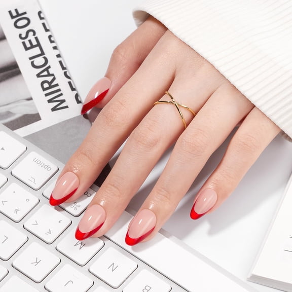 VSALON Press On Nails Short Almond, Red Cat Eye French Tip Sparkly Glitter Fake Nails With UV Glue, Reusable Stick On Nails Soft Gel Glue On Nails Fall Gift in 16 Sizes 32 Pcs Kit For Women