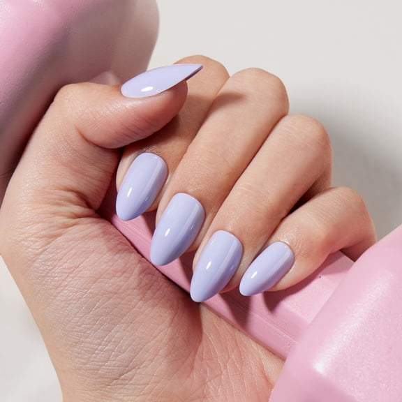 VSALON Press on Nails Short Almond - Solid Periwinkle Blue Cream Finish Fake Nails Kit, Long-Lasting & Reusable Gel Nails with Glue & Cuticle Oil - 32 PCS Stick On Nails in 16 Sizes (Lavender Gelato)