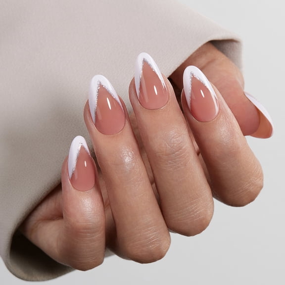 VSALON Press On Nails Short Almond, White French Tip Glitter Fake Nails With UV Cure Glue Sparkly Glitter Glue On Nails Reusable Stick On Nails Soft Gel in16 Sizes - 32 Pcs Kit Fall Gift For Women