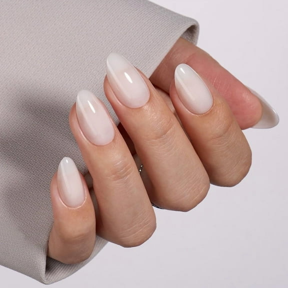 VSALON Press On Nails Short Almond, White Pess On Nails Milky White Natural Jelly Gel Fake Nails With UV Glue, Reusable Stick On Nails Neutral Glue On Nails Fall Wedding Gift in 16 Sizes - 32 Pcs Kit