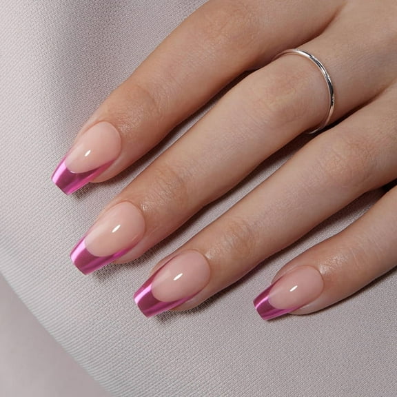 VSALON Press On Nails Short Coffin, Metallic Chrome Pink Purple French Tip Fake Nails With UV Cure Glue, Reusable Stick On Nails Sparkly Glue On Nails in 16 Sizes - 32 Pcs Kit Fall Gift For Women