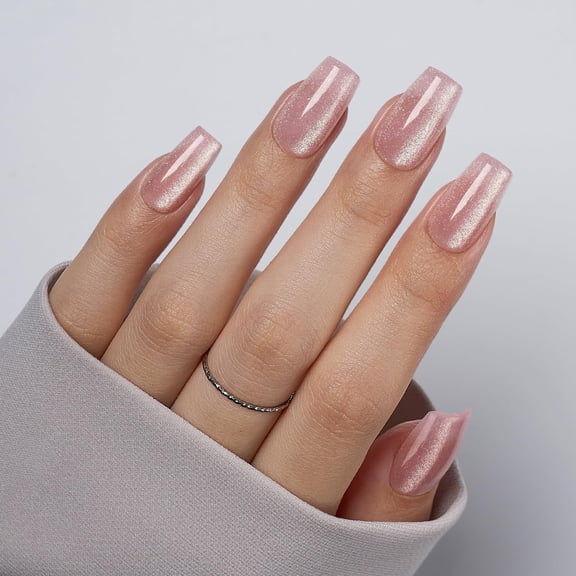 VSALON Press On Nails Short Coffin - Pink Cat Eye Glue on Nails, Reusable Opaque Fake Nails with Glue, Protector Cuticle Oil, Adhesive Tabs - 32 PCS Stick On Nails in 16 Sizes (Pink Mojito)