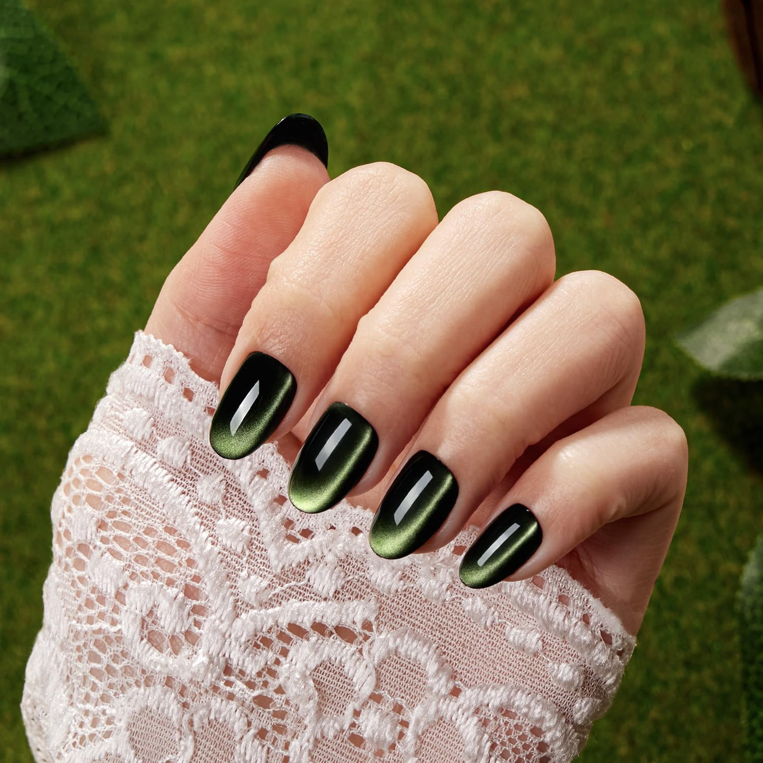 VSALON Press on Nails Short Oval - Dark Green Cat Eye Fake Nails Valentines Gifts for Woman, Reusable Opaque Gel Glue on Nails with Glue & Cuticle Oil - 32 PCS Stick on Nails in 16