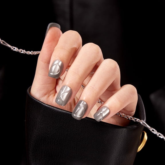 VSALON Press on Nails Short Square - Gray Glass Cat Eye Shimmer 3D Silver Art Design Glue on Nails, Reusable Opaque Gel Fake Nails Gifts for Women - 32 PCS in 16 Sizes with Glue & Cuticle Oil