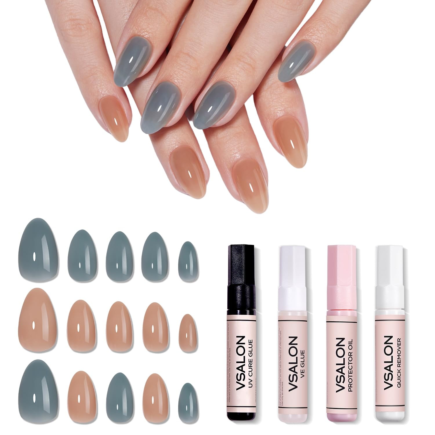 VSALON Press-On Nails Short Almond - 32 PCS Semi-Transparent Blue Main Nails in 16 Sizes & 10 PCS Alternative Nails - Reusable Nail Kit with UV Glue, Easy Tabs, Nail Glue & Remover
