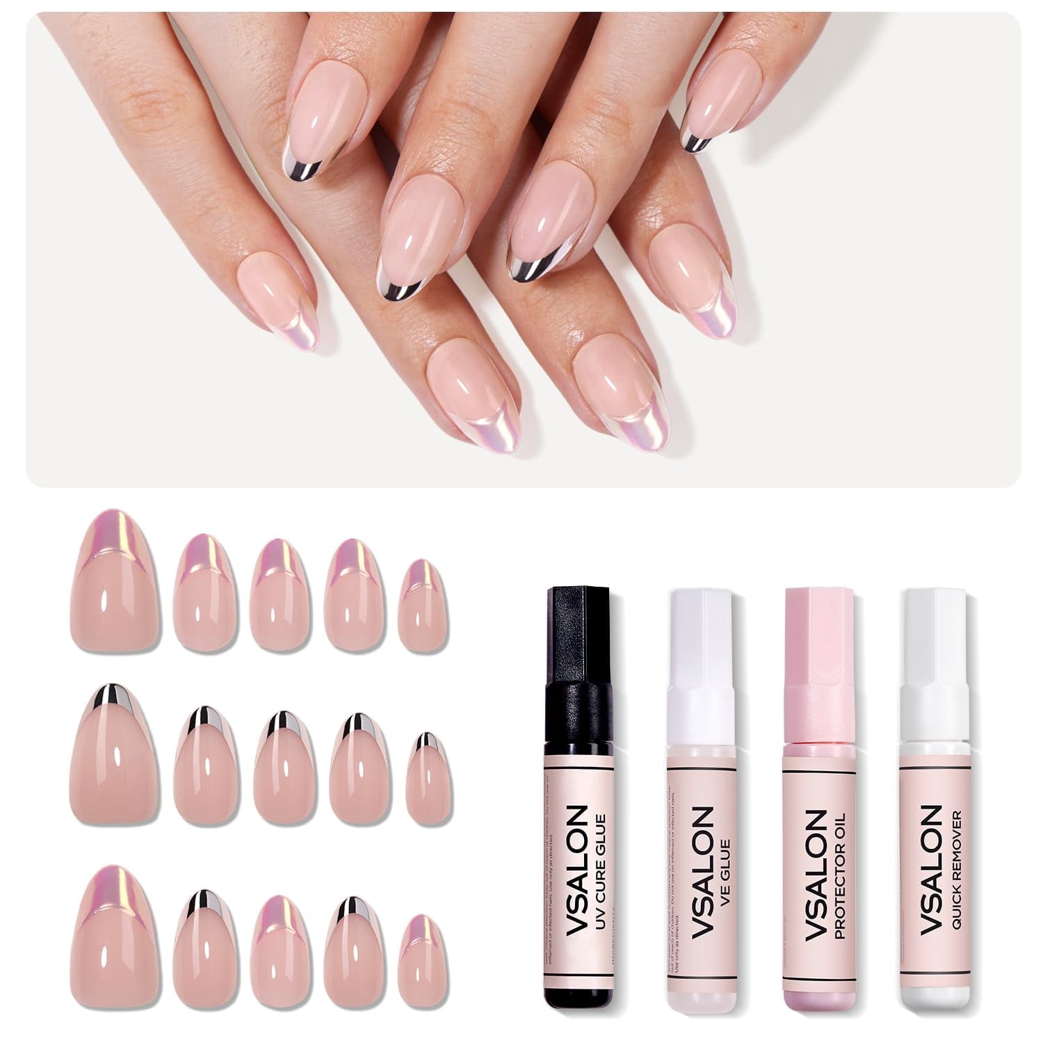 VSALON Press-On Nails Short Almond - 42 PCS Metallic French Tip Fake Nail for Women, 32 Main Nails in 16 Sizes & 10 Alternative Nails - Soft Gel Reusable Glue on Nail Set with Full Tool Kit