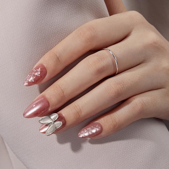 VSALON Press-On Nails Short Almond - Pink Cat Eye Chrome 3D Sculpting Metallic Design for Woman, Reusable Fake Nails & Soft Gel Nail Glue, Protector Cuticle Oil, Tabs & Nail File - 32 PCS in 16 Sizes