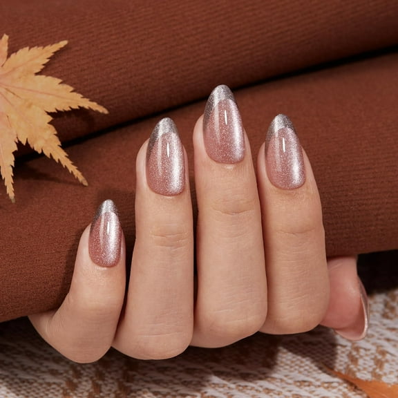 VSALON Press-On Nails Short Almond - Pink Cat Eye French Tip Halloween Holographic Nails Kit for Woman, Reusable Opaque Gel Magnetic Effect Fake Nails with Glue & Cuticle Oil - 32 PCS in 16 Sizes