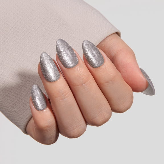 VSALON Press-On Nails Short Almond - Silver Glitter Opaque Matte Finish Metallic Design for Women, Reusable Fake Nails & Soft Gel Nail Glue, Protector Cuticle Oil, Tabs & Nail File 32 PCS in 16 Sizes