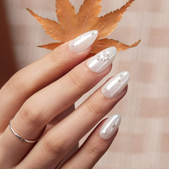 VSALON Press-On Nails Short Almond - White Pearl Chrome Glazed Glossy 3D Design for Women, Reusable Long-Lasting & Soft Gel Glue on Nails with Glue & Cuticle Oil - 32 PCS Stick on Nails in 16 Sizes