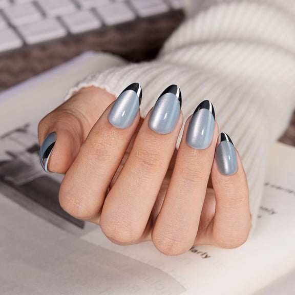 VSALON Press-on Nails Short Almond - Lake Blue Aurora Cat Eye French Tips for Women, Reusable Metallic Fake Nails with Soft Gel Nail Glue, Essential Oil, Adhesive Tab & Nail File - 32 PCS in 16 Sizes