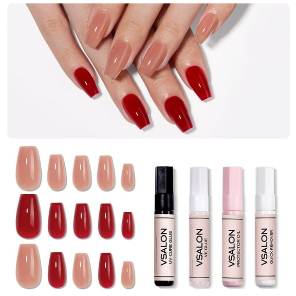VSALON Short Coffin Press-On Nails - 42 PCS Solid Nude Pink Main Nails in 16 Sizes Red Alternative Fall Nails - Reusable Fake Nail Kit with UV Glue, Easy Tabs, Nail Glue, Remover (Stained Glass)