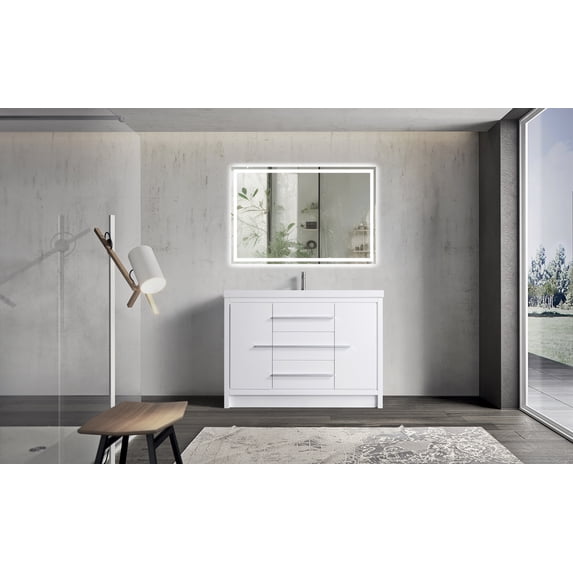 VSB 48" Single Sink Freestanding Bath Vanity in White with White countertop