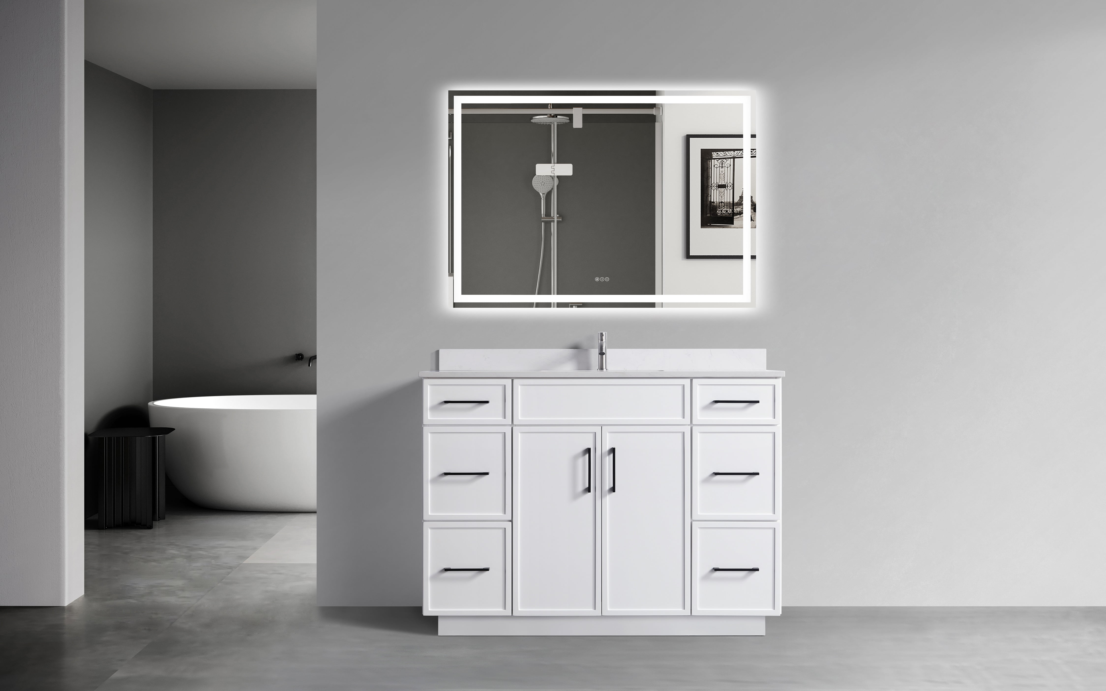 48" White Freestanding Vanity with Cultured Marble Top