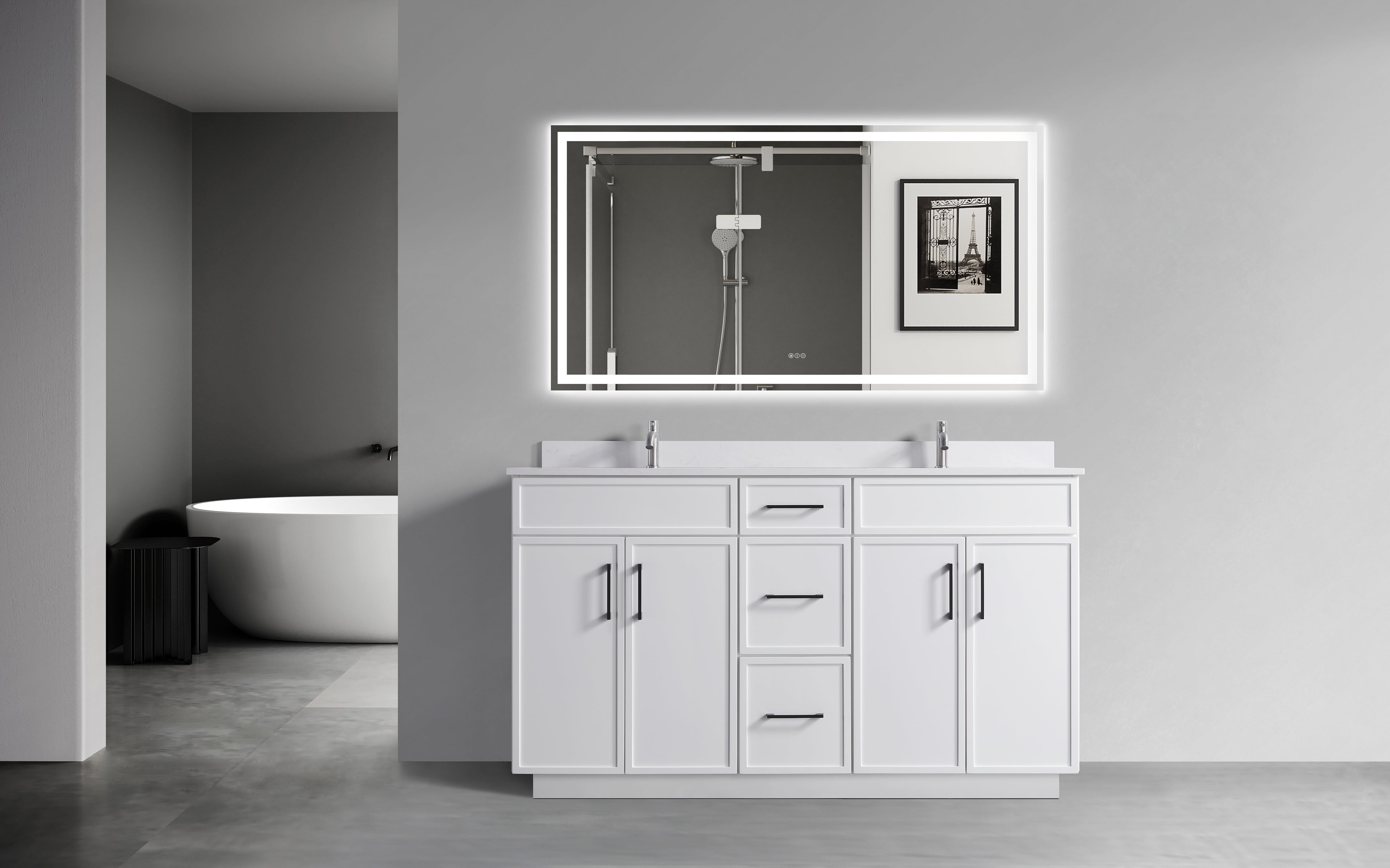 60" White Double Sink Freestanding Bathroom Vanity with Cultured Marble Top