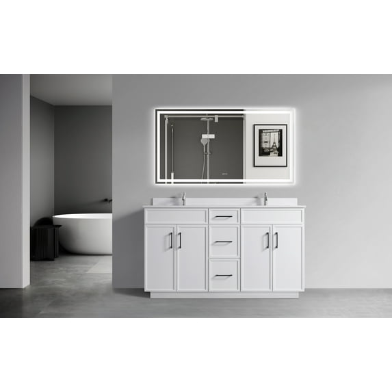 VSC 60in Double Sink Freestanding Bath Vanity in White with White Cultured Marble Top