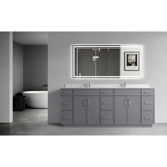 VSC 84in Double Sink Freestanding Bath Vanity in Gray with White Cultured Marble Top