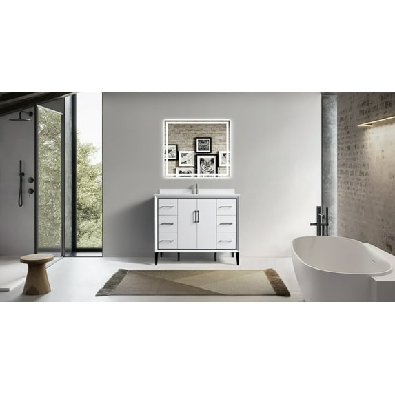 VSD 42in Single Sink Freestanding Bath Vanity in White with White Cultured Marble Top