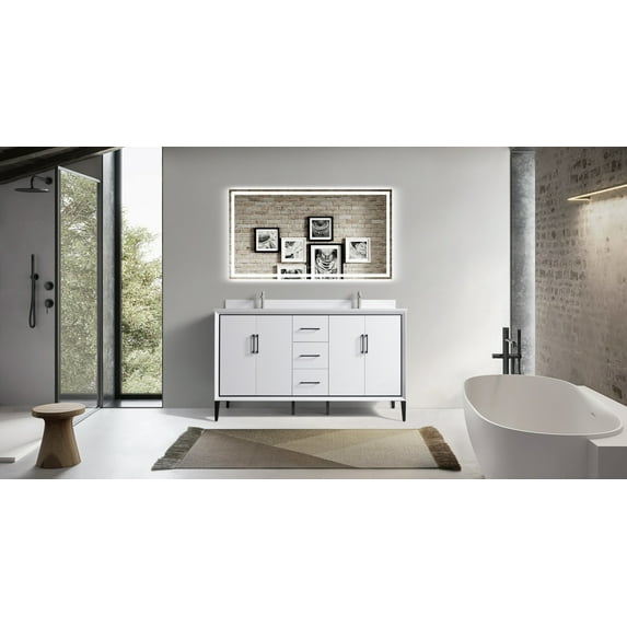 VSD 60in Double Sink Freestanding Bath Vanity in White with White Cultured Marble Top