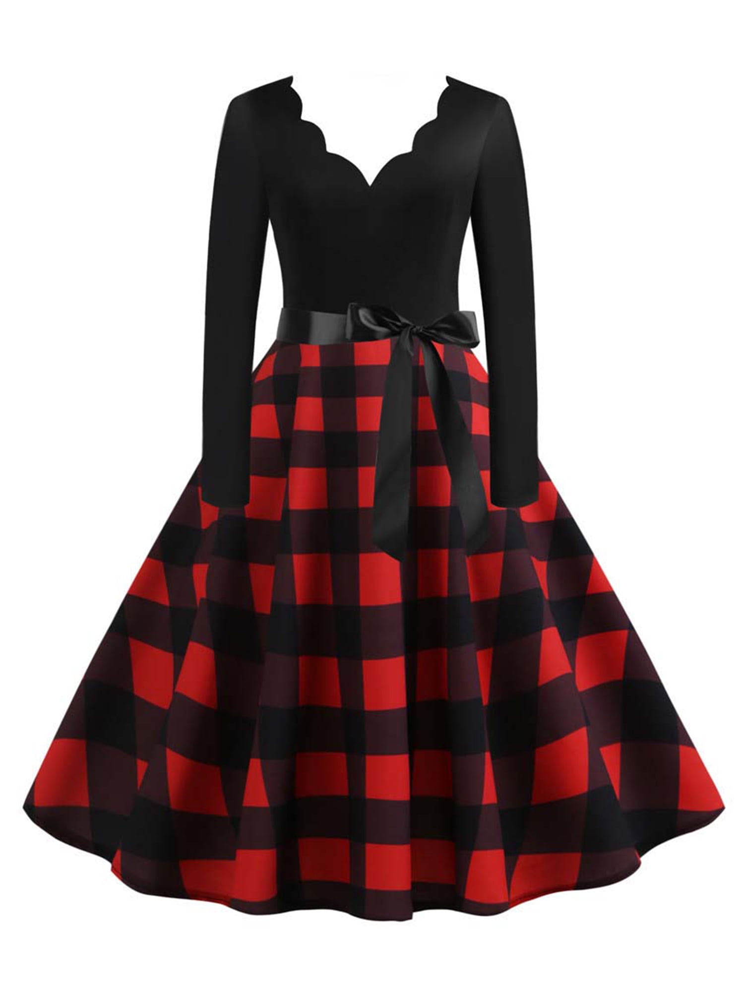 VSNOW Women 50s 60s Vintage Dresses Long Sleeve Christmas Party Swing Dress  - Walmart.com