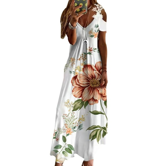 VSNOW Women Boho Floral Short Sleeve Summer Dress Lace Cold Shoulder Party Beach Maxi Dress