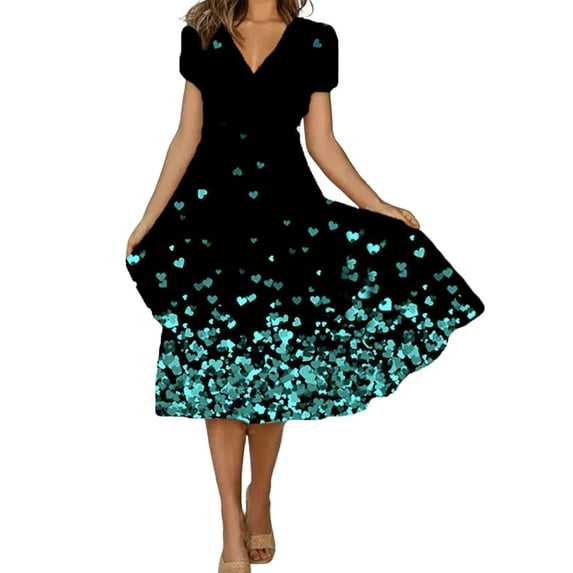 VSNOW Women Casual Floral Print Short Sleeve Swing Dress Party Beach Sundress