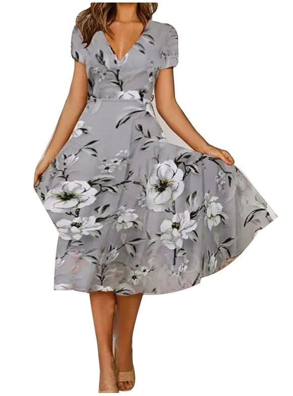 VSNOW Women Casual Floral Print Short Sleeve Swing Dress Party Beach Sundress