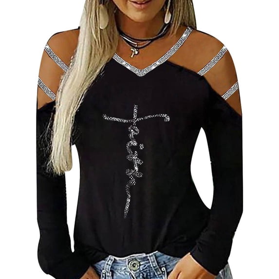 VSNOW Women Long Sleeve Cold Shoulder Rhinestone Tops T Shirt Blouse