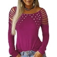 thumbnail image 1 of VSNOW Women Long Sleeve Cold Shoulder Rivet Tops Blouse T Shirt, 1 of 5