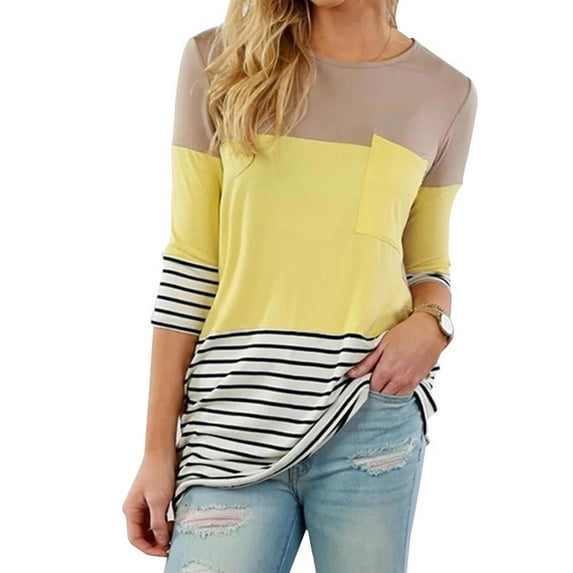 VSNOW Women Maternity Long Sleeve Nursing T Shirt Striped Breastfeeding Top Shirt with Pocket