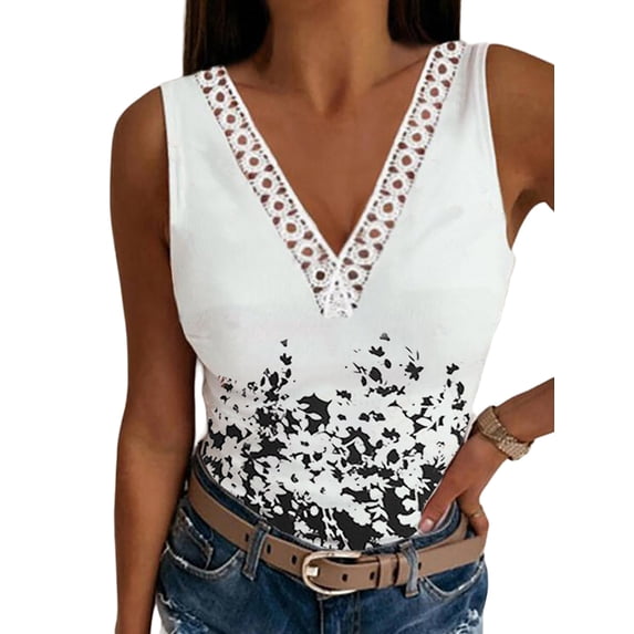 VSNOW Women Sleeveless V Neck Lace Tank Tops Summer Floral Tunic T-shirt