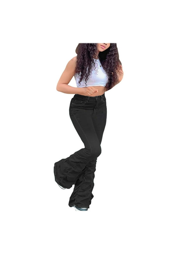 Faux Denim Bell-Bottom Pants Women'S Fashion Casual Pants With Elastic Micro Pleated Floor Mop Pants