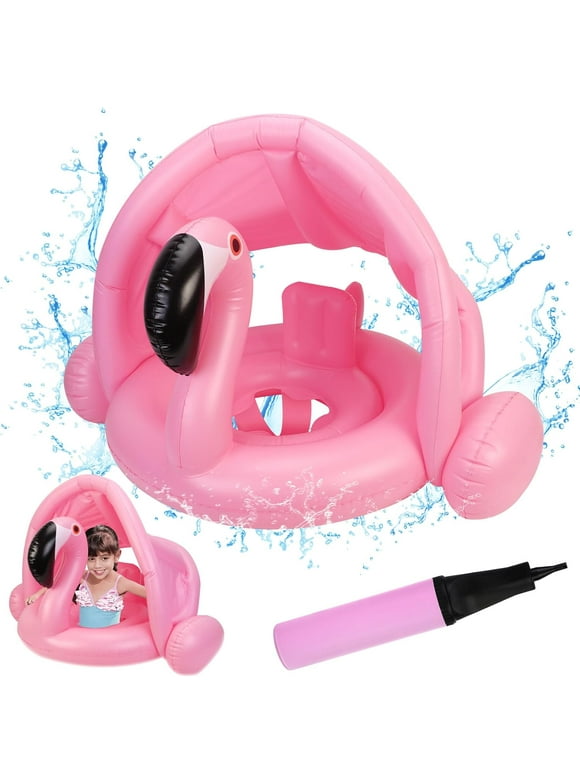 VSPEK Baby Swimming Ring with Detachable Canopy Sun Protection, Flamingo Inflatable Swimming Float PVC Safety Aid Float Seat Circle Swim Float Boat with Inflator and Handle for Age 6 Months to 3 Years