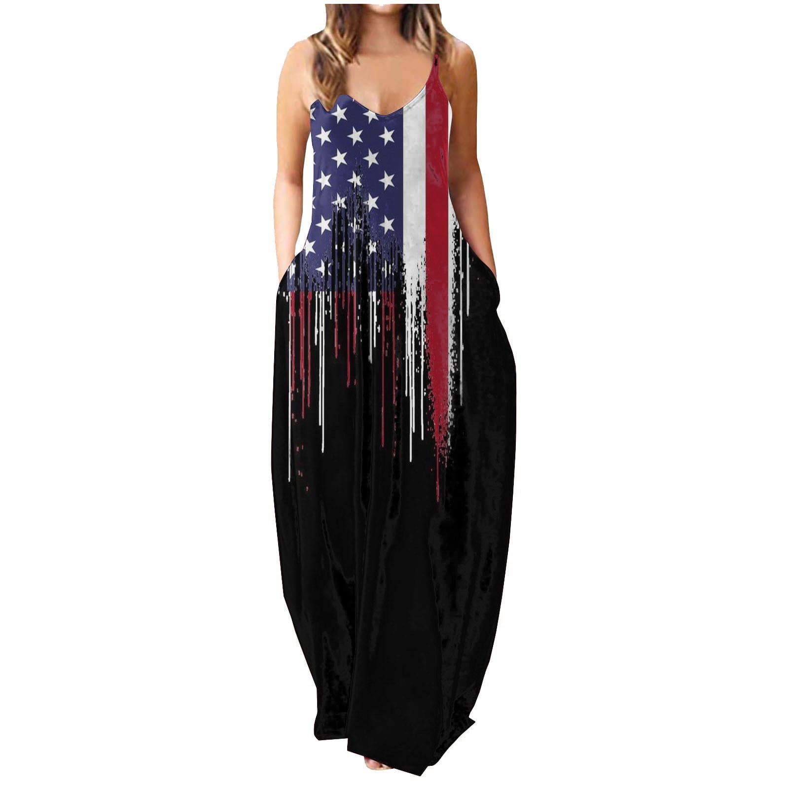 Wycnly Dresses for Women Independece Day Patriotic High Waist Spaghetti  Strap Dresses for 4th of July Sleeveless V-Neck USA Flag Print Summer Maxi  Formal Dress Blue XXXL 