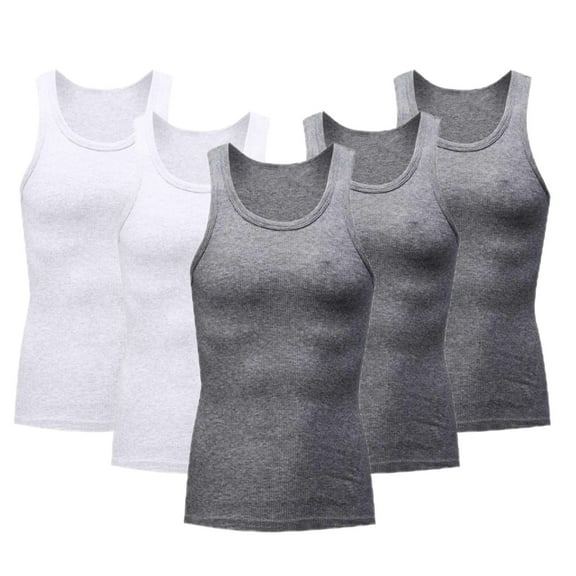 VSSSJ 5 Pack Muscle Tank Tops for Men Fitness Workout Slim Fit Stretch Gym Tees Soft Breathable Scoop Neck Sleeveless A-Shirts White M