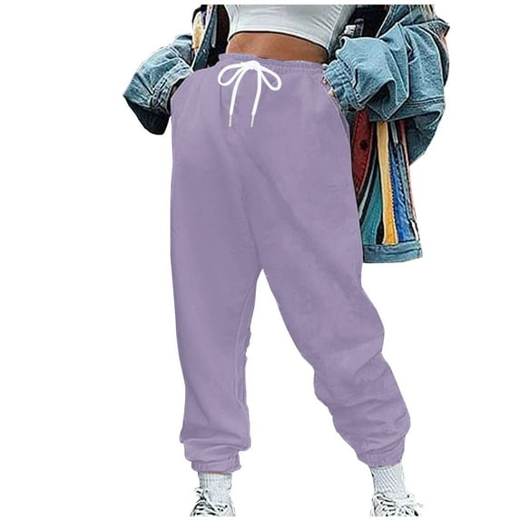 VSSSJ Baggy Sweatpants for Women Drawstring Straight Loose Elastic High Waist Trousers Workout Gym Cozy Casual Solid Color Versatile Ankle Pants with Pocket Purple XL