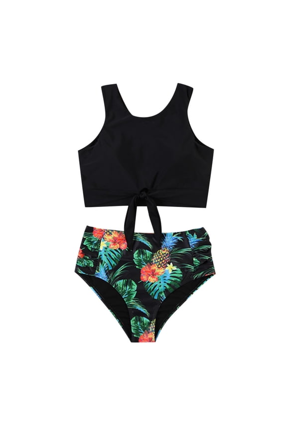 Bathing Suits for Women Floral Printed Two Piece Bikini Sets Crew Neck Bowknot Front Swimwear Ruched High Waisted Swimwuits