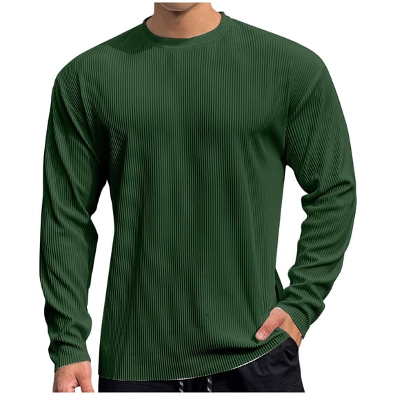 VSSSJ Big and Tall T-Shirts for Men Comfy Casual Long Sleeve Ribbed Knitted Round Neck Solid Color Loose Basic Versatile Muscle Pullover Tops Green XL