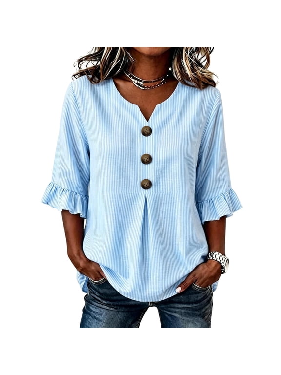 Blouses for Women Casual 3/4 Ruffle Sleeve Striped Shirt V Neck Button Front Pleated Loose Fit Casual Vacation Summer Tops Light Blue L