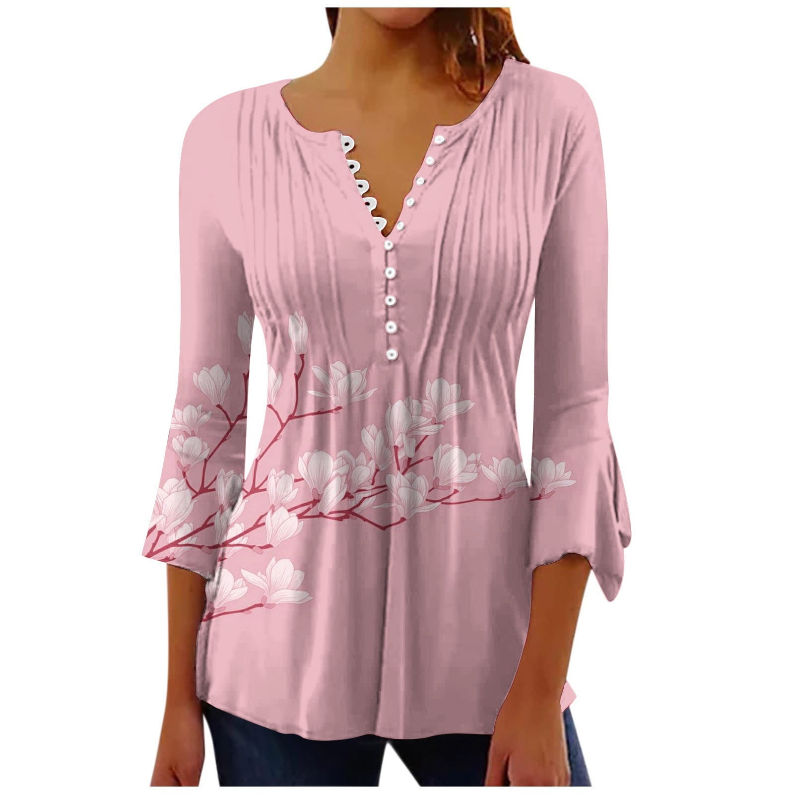 VSSSJ Blouses for Women Crew Neck Ruched Tunic Trumpet 3/4 Sleeve Pullover  Tops Button Up Daily Casual Comfy Floral Printed Shirts Pink L