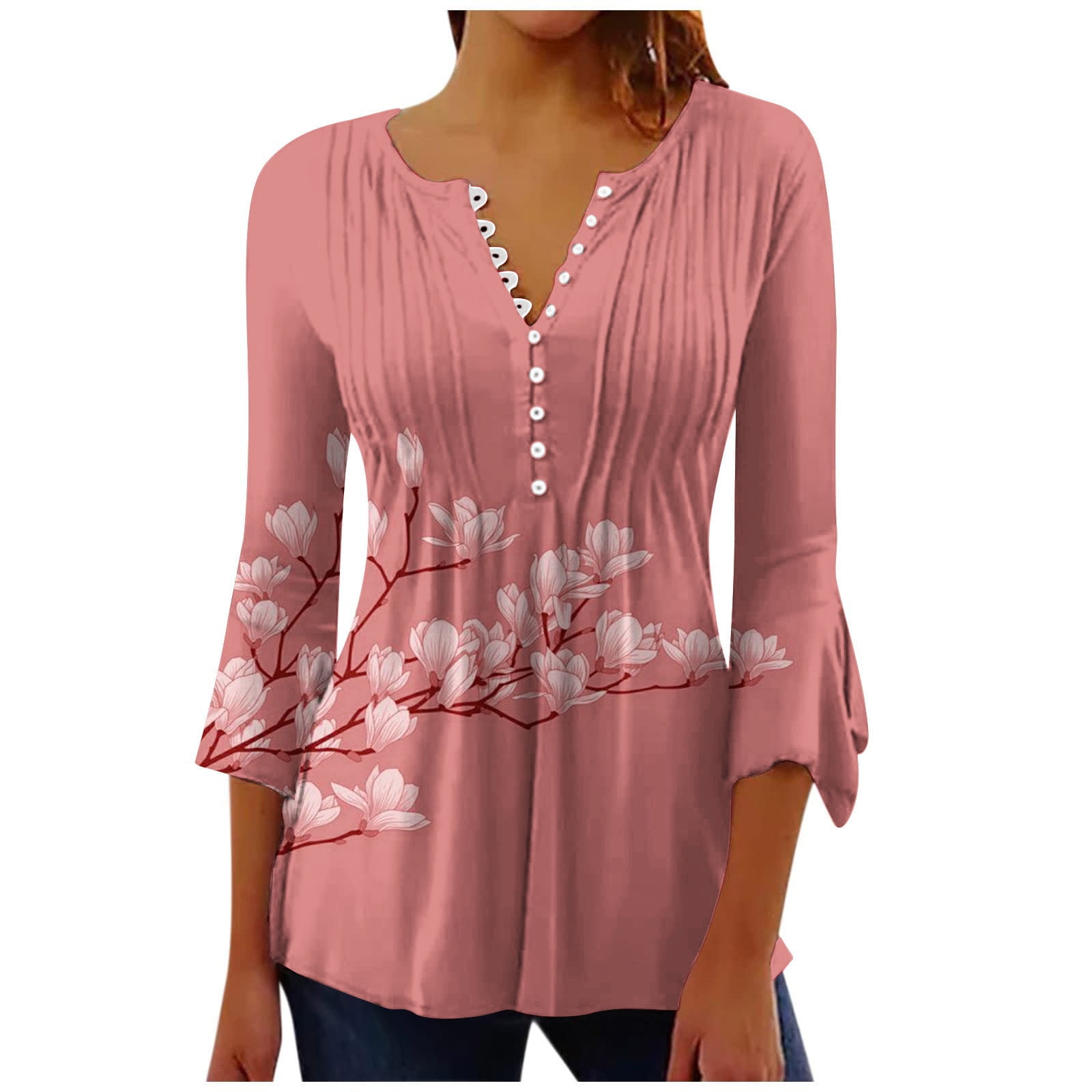 Pink Ruched Daily Pullover Trumpet Tops for Comfy Blouses Casual Button Neck Tunic Printed Floral Women Up Crew L VSSSJ Shirts Sleeve 3/4