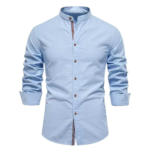 VSSSJ Business Shirt for Men Long Sleeve Casual Button Up Stand Collar Solid Color Comfortable Slim Fit Cotton Office Breathable Shirt Tops Sky Blue L