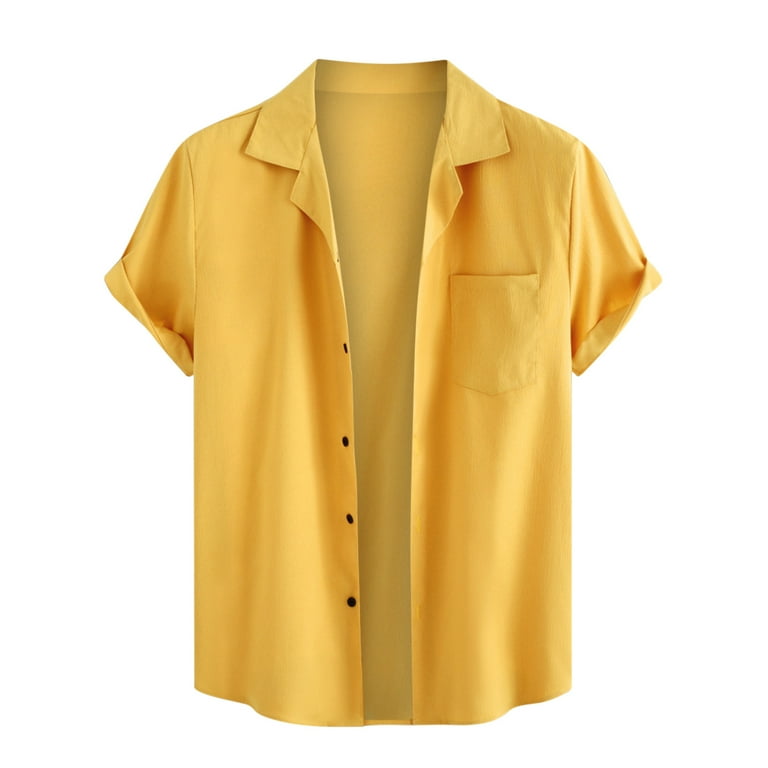 VSSSJ Button Down Shirt for Men Big and Tall Solid Color Short Sleeve Collared Tee Shirts with Pocket Casual Comfortable Silky Cardigan Tees Yellow S