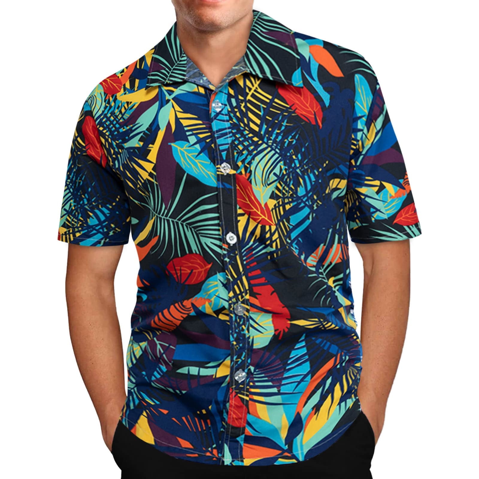 VSSSJ Button Down Shirt for Men Modern Fit Casual Short Sleeve Summer Print  Tropical Graphic Lapel Tshirts Soft Vacation Hawaiian T-shirts Blue XXL