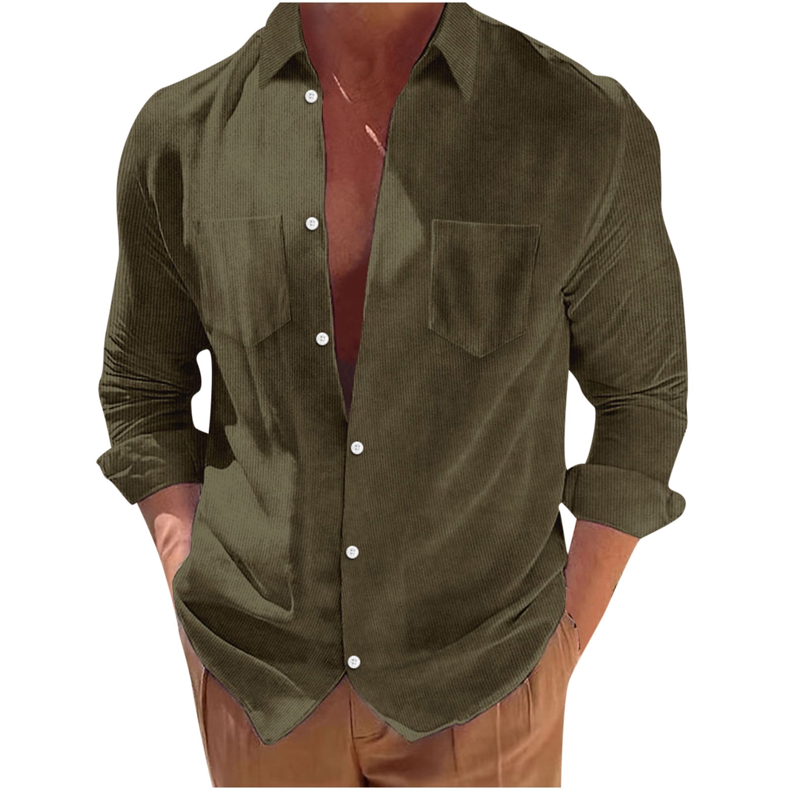 VSSSJ Button Down Shirts for Men Big and Tall Solid Color Long Sleeve  Collared Tshirts with Pocket Fall Winter Comfy Silky Cardigan Tops Army  Green